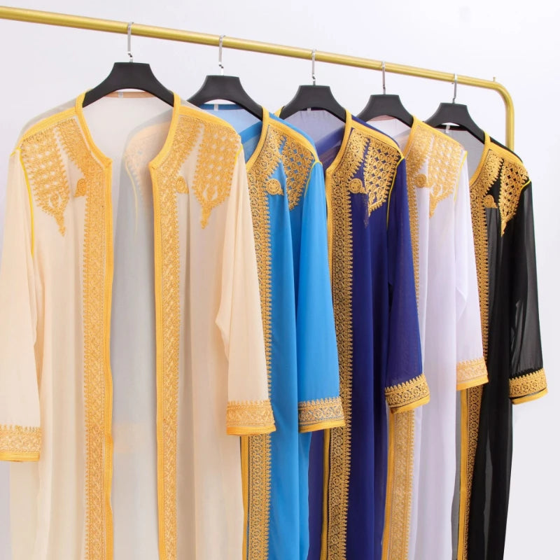 2026  New Apricot 3D Gold Thread Embroidery Breathable Long Robe for Men, Blue Loose and Large Size Men's Casual Cardigan Jacket
