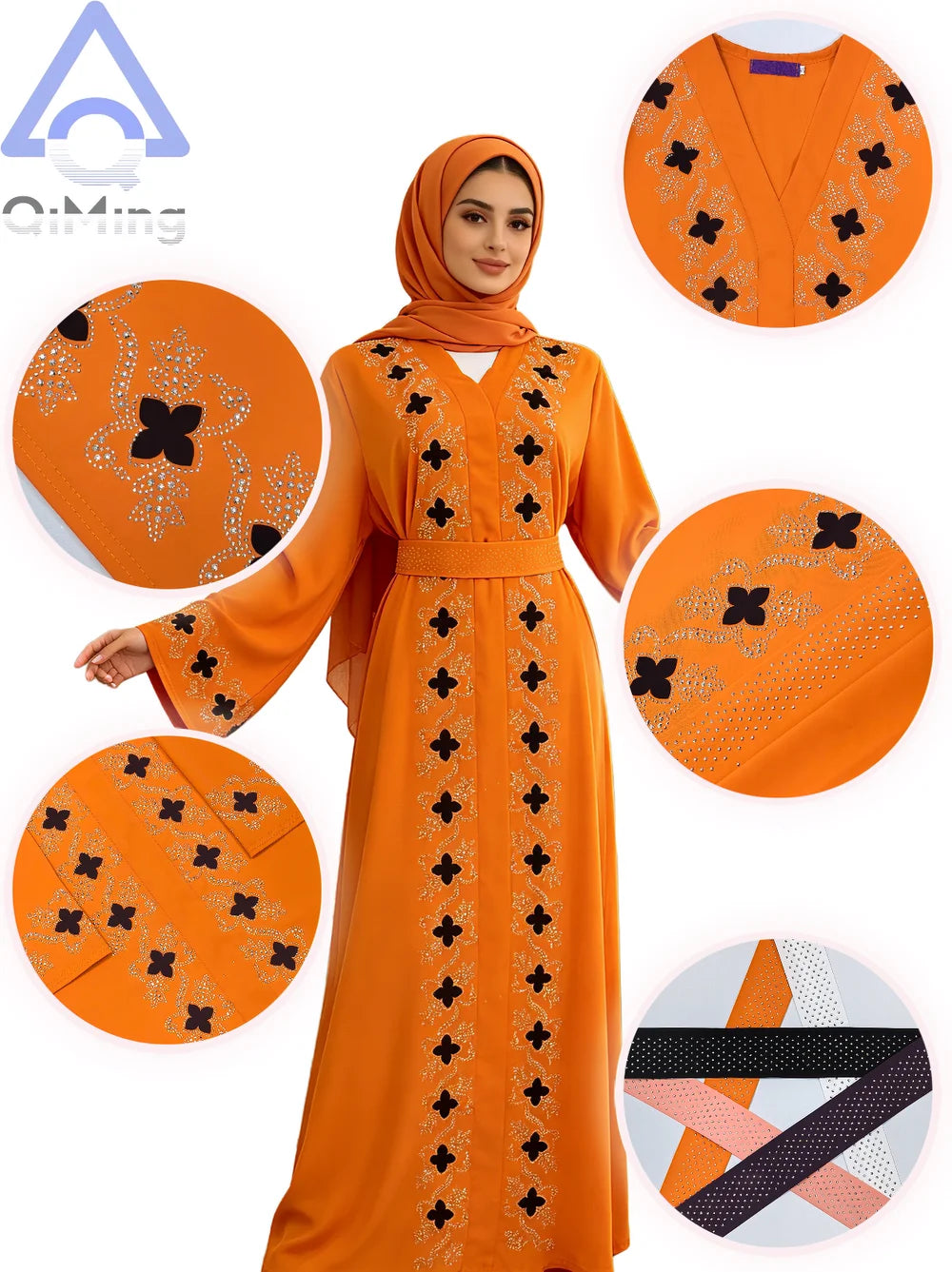 Muslim Diamonds Robe Woman Floral Closed Abaya With Hijab Set Dubai Luxury Arabian Ramadan Dresses Islam Malaysian Prayer Outfit