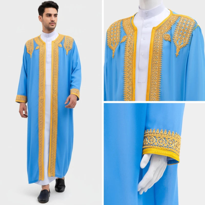 2026  New Apricot 3D Gold Thread Embroidery Breathable Long Robe for Men, Blue Loose and Large Size Men's Casual Cardigan Jacket