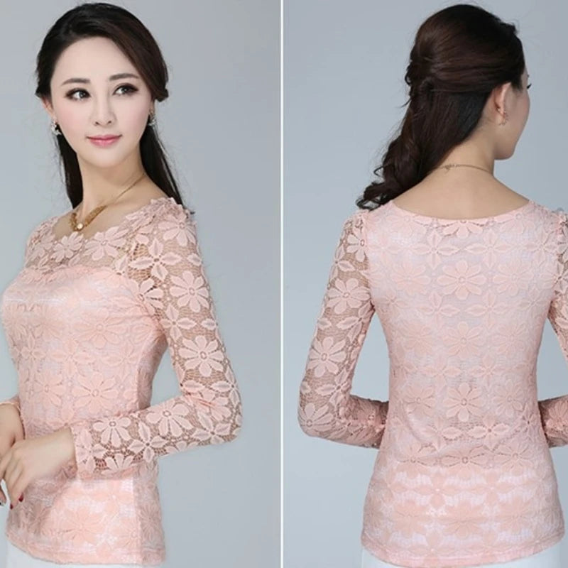 Women's form-fitting long-sleeved lace blouse with a feminine silhouette plus size clothing
