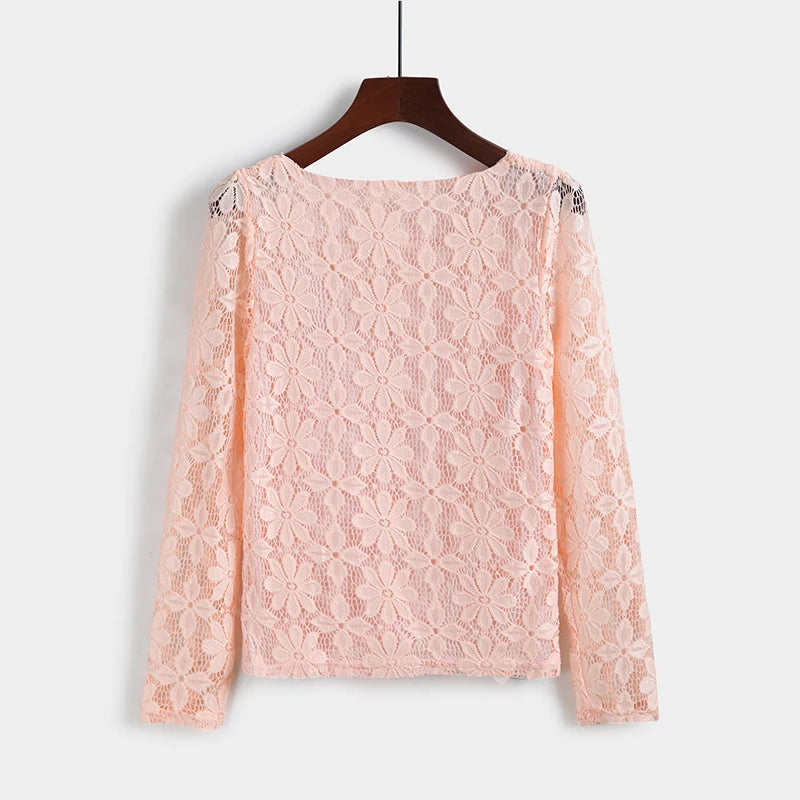Women's form-fitting long-sleeved lace blouse with a feminine silhouette plus size clothing