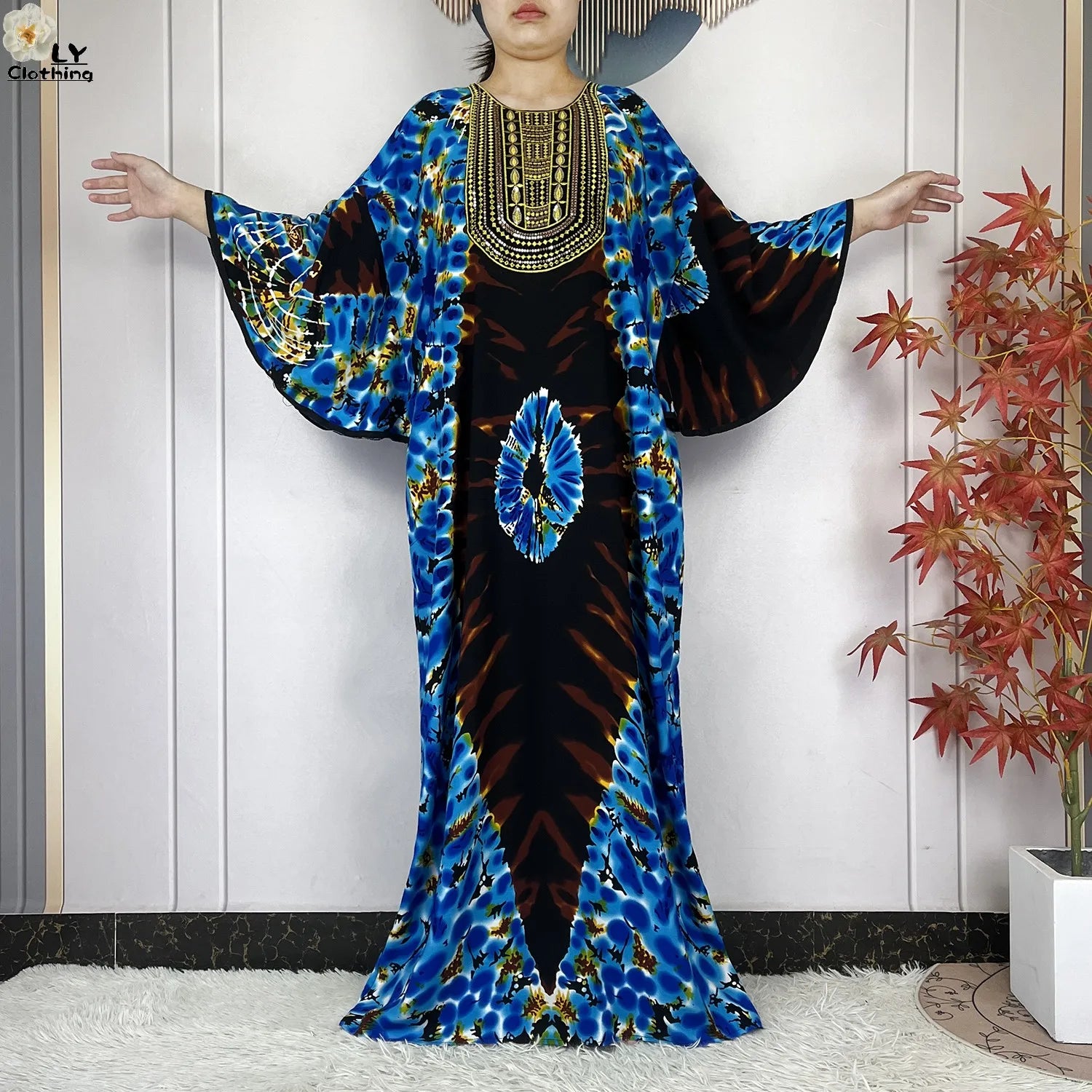 2026 New Summer Dress Bat Sleeve Casual Fashion Dress Embroidered Round Neck Cotton Women Long Maxi Loose Abaya African Vestidos