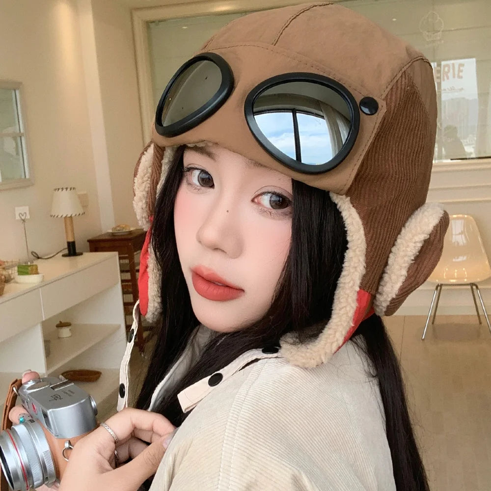 Hot Sale Women Warm Bomber Hats With Goggles Plush Fur Winter Hat With Earflap Winter Chic Cap