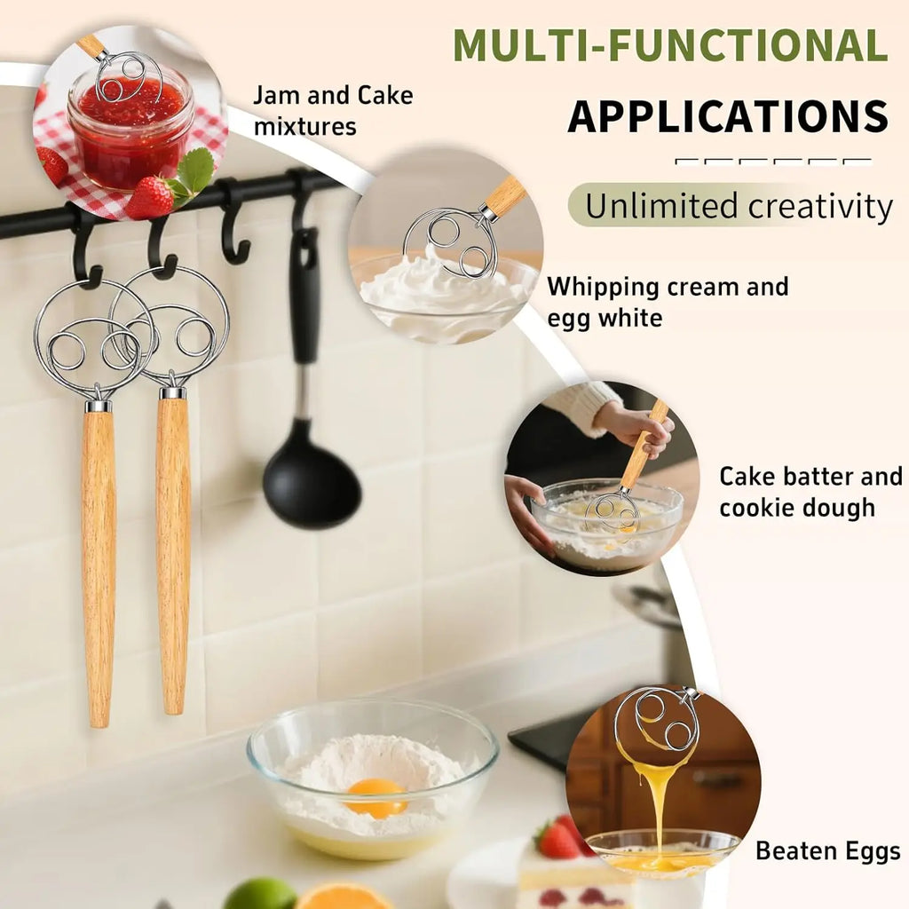 1Pcs Bread Beater Wooden Handle  Stainless Steel Ring Cake Pizza Pastry Biscuit Yeast Baking Dough Mixer Baking Supplies