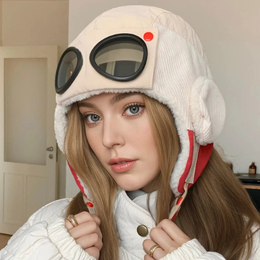 Hot Sale Women Warm Bomber Hats With Goggles Plush Fur Winter Hat With Earflap Winter Chic Cap