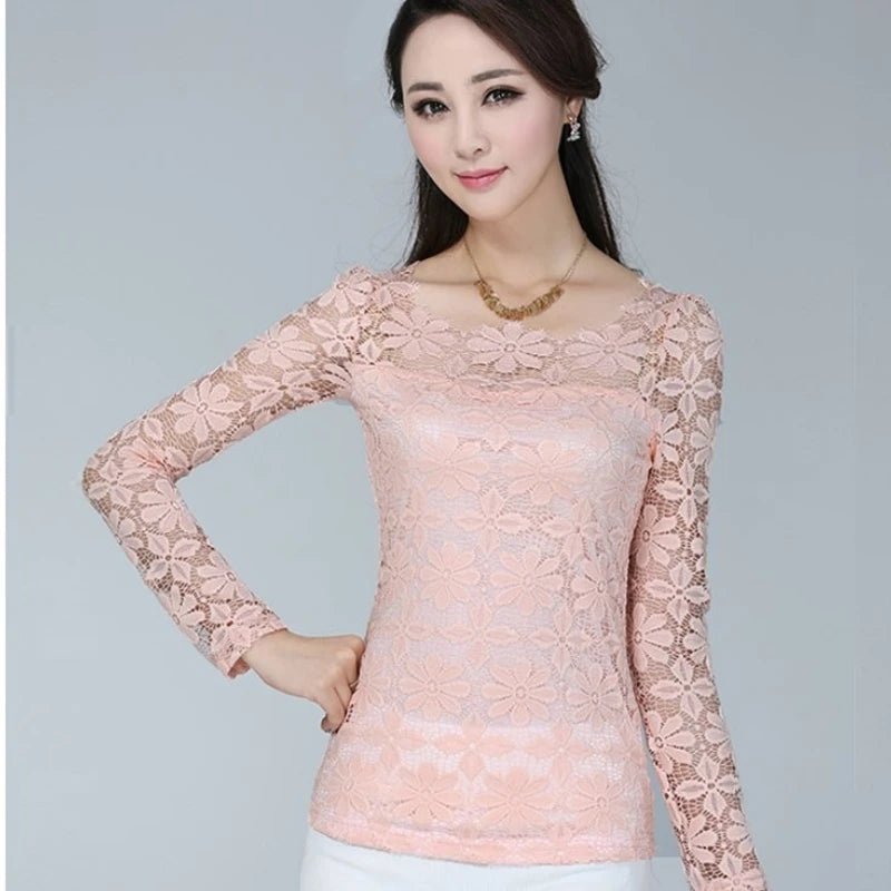 Women's form-fitting long-sleeved lace blouse with a feminine silhouette plus size clothing