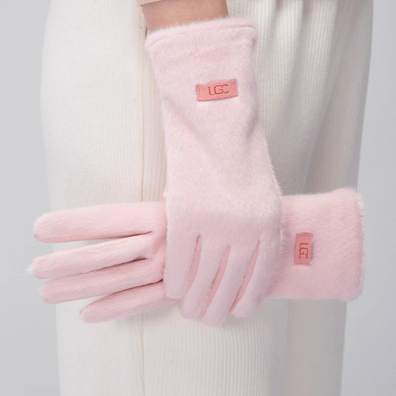 Korean Elegant Suede Gloves for Women Faux Mink Fur Warm and Skin Friendly Touch Screen Gloves Sweet and Soft Commuting Gloves
