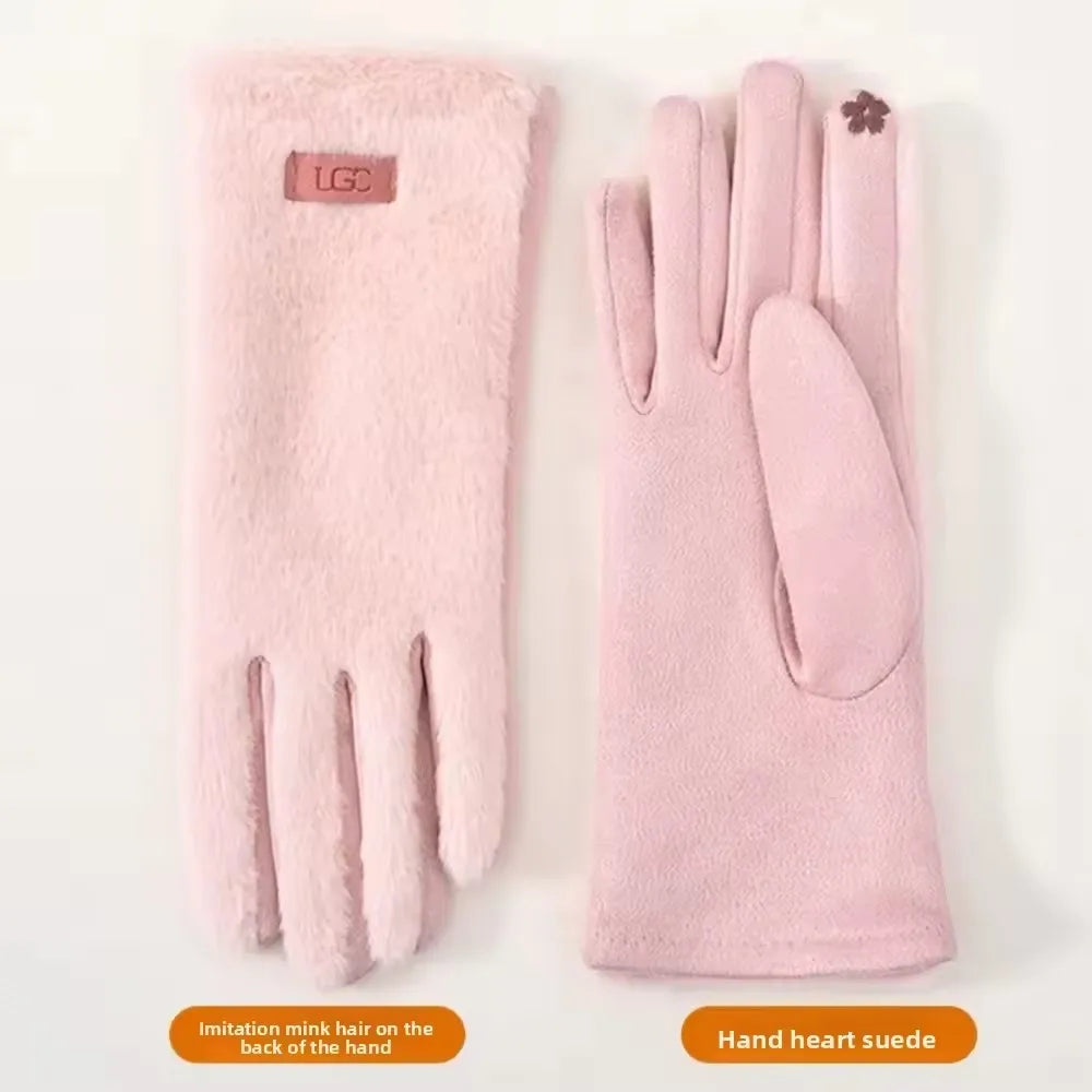 Korean Elegant Suede Gloves for Women Faux Mink Fur Warm and Skin Friendly Touch Screen Gloves Sweet and Soft Commuting Gloves