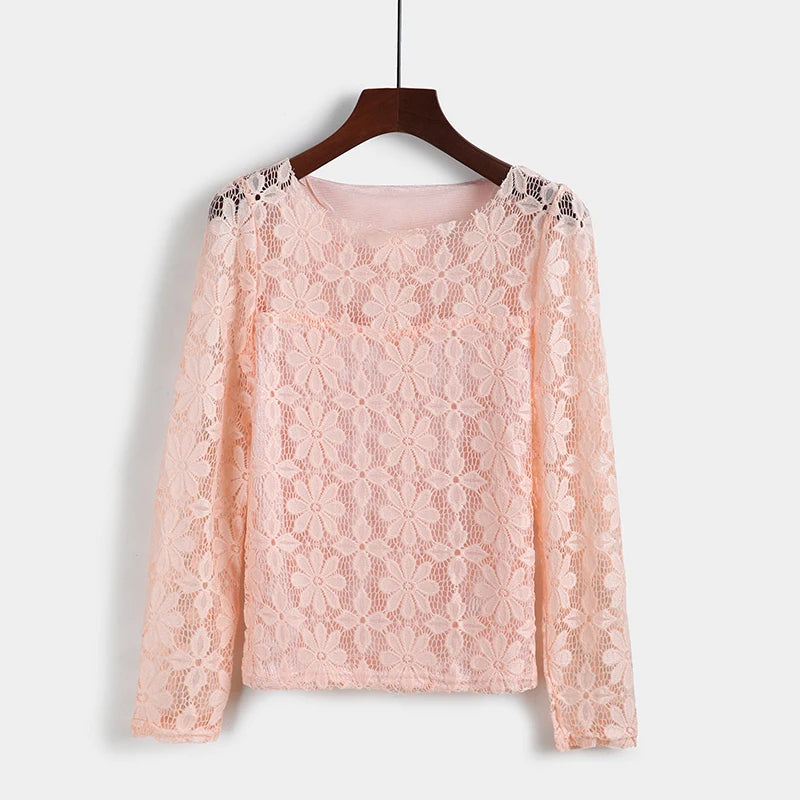 Women's form-fitting long-sleeved lace blouse with a feminine silhouette plus size clothing