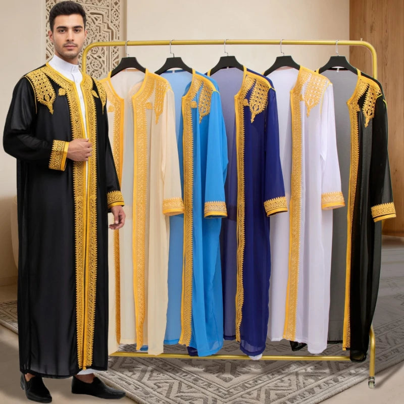 2026  New Apricot 3D Gold Thread Embroidery Breathable Long Robe for Men, Blue Loose and Large Size Men's Casual Cardigan Jacket